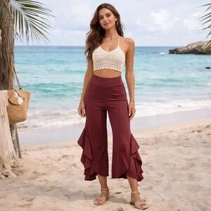 HALARA Cha Cha Ruffle Hem Wide Leg Crop Pants S Burgundy Dance NWT B26